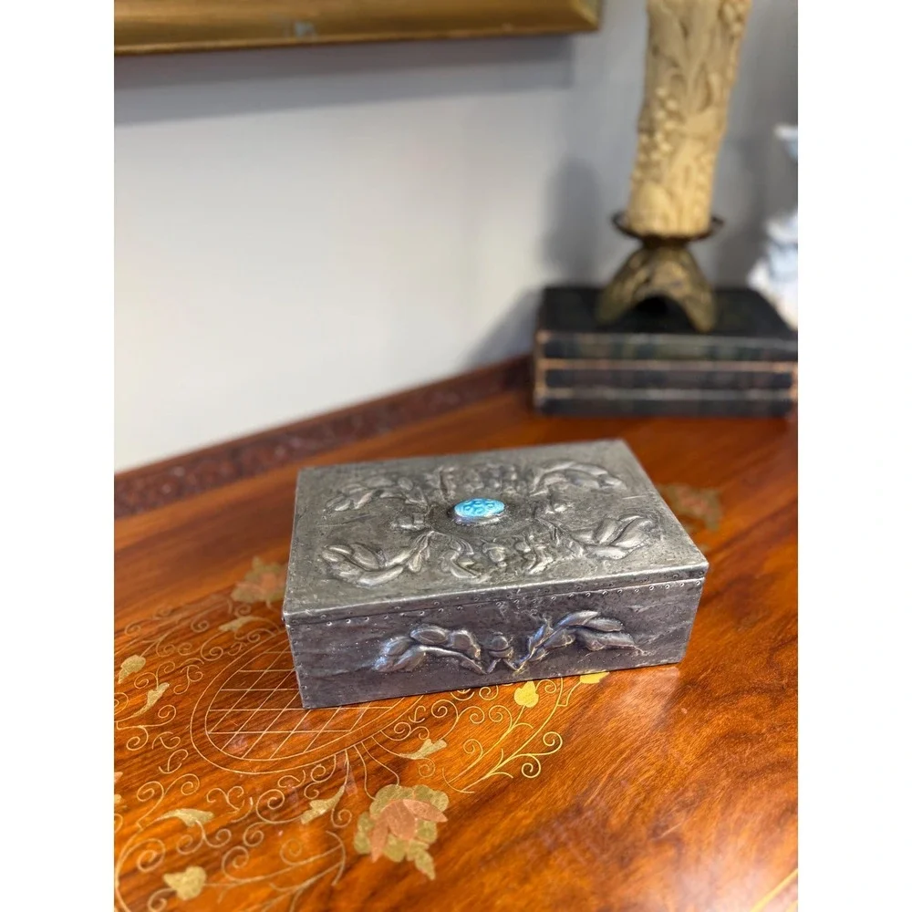 Antique‎ Art Nouveau Pewter Box • Repoussé Jewelry Casket w/ Blue Glass Cabochon
